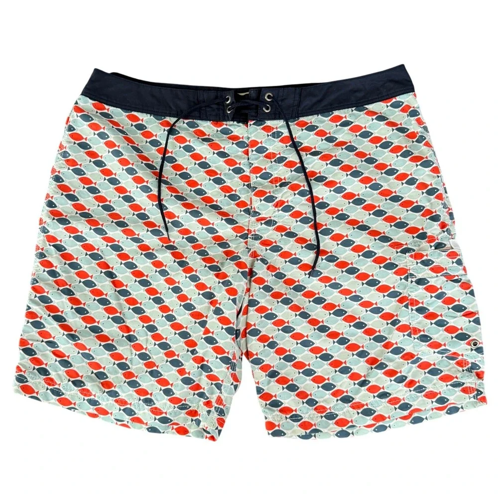J. Crew Swim Trunks Mens Size 35 Fish Print Navy Blue‎ Drawstring Board Shorts